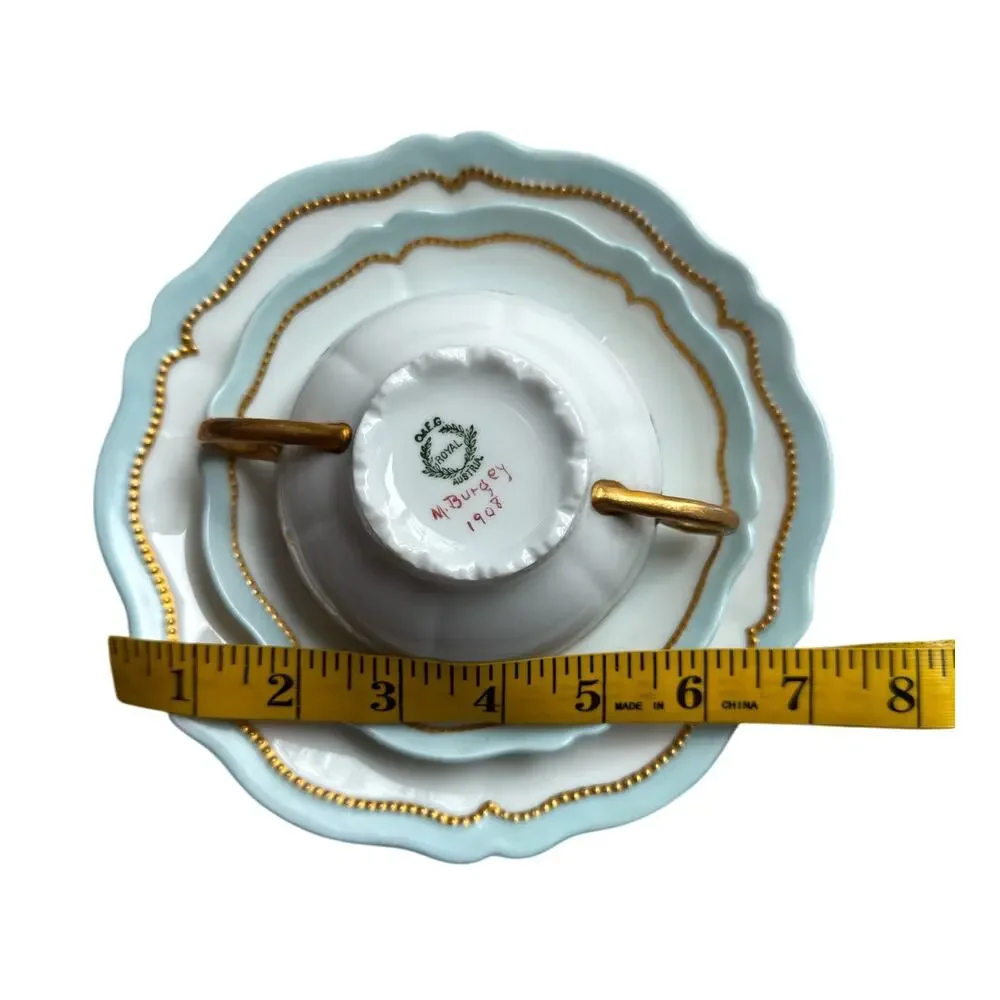 Antique O&EG Royal Austria 3 Pc Bouillon Cup Saucer Plate Blue Gold Gilt c1908